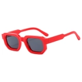 Retro thick red square frame sunglasses with dark grey lenses in a 45-degree side view - Red Frame Grey Lens