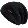 Winter black thermal knitted beanie with plush lining and square fashion leather label - L(58-62cm) / Black