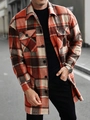 Men's long plaid shirt jacket in orange and coffee brown with double chest pockets - S / Orange Red