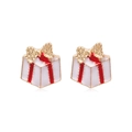 Christmas gift box earrings in red and white enamel with golden ribbon bow detail - 97. Gift Box Earrings