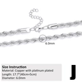 Detailed view of 6mm platinum-plated rope chain with lobster clasp and length specs - Silver (6.0mm)
