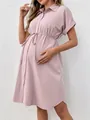 Vestido camisero de maternidad lila con manga corta, cordón en cintura y botones frontales - S / Rosa Gris Claro