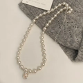 Detail of silver pea pendant on pearl necklace with adjustable extension chain - Silver Pea Pearl Necklace