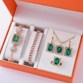5-teiliges Uhrenset in Roségold mit grünen Smaragden und Diamantarmband im Etui - Roségold Grünes Rechteck Set (Ohne Box)