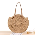 Circular woven paper rope shoulder bag in natural beige with brown faux leather handles - Large Camel Hollow