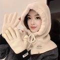 Winter beige knit balaclava hood and gloves set with faux fur lining for women - Off White (Hat and Gloves)