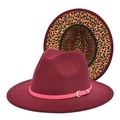 Cappello Fedora bordeaux in lana con tesa leopardata e dettaglio cintura rosa fibbia - M (56-58cm) / Borgogna