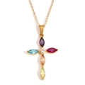 Collana con croce in acciaio placcato oro 18K con gemme colorate taglio marquise - Oro