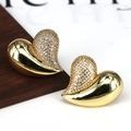 Elegant gold heart stud earrings featuring a half-pavé zircon setting and polished finish - Irregular 3D Heart Half Inlaid / Gold Style 2