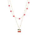 Collier double rang doré avec perles rouges et pendentif cerise aux feuilles vertes - Collier Pendentif Cerise et Perles Rouges (6#)