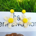 Handmade woven raffia flower drop earrings in yellow and cream white daisy style - Bright Yellow Woven Sunflower Stud Earrings