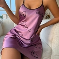 Purple ice silk nightgown with love print and slim straps for a sexy loungewear look - S / Purple