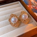 Vintage gold stud earrings featuring textured metal and a large white round pearl - Silver Earring Post Vintage Geometric Wrinkled Pearl Ear Clips