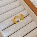Makroaufnahme von vergoldetem verstellbarem Ring mit Katzenrelief in einer Schmuckschatulle - Münze Glückskatze Relief Stil