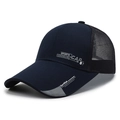 Dark blue baseball trucker cap with breathable black mesh and sports embroidery - Adjustable / Navy Blue