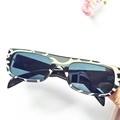 Cat eye sunglasses featuring a green frame with cream wavy patterns and dark lenses - Transparent Grey White Pattern