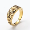 Gold vintage stainless steel ring with sunflower embossing shown from 45-degree angle - US 6 / 18k Gold