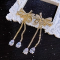 Luxurious gold bow earrings with long tassel chains and pear-cut crystal drops - E5387 Silver Pin-Gold