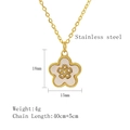 Detailed size chart showing gold stainless steel flower necklace with 15x18mm pendant size - Gold