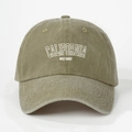 Detailed macro view of embroidered CALIFORNIA text on washed cotton baseball cap fabric - One Size / Dark Khaki