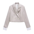 Korte double-breasted lichtgrijze blazer voor dames met stijlvolle witte contrastmanchetten - XS / Lichtgrijs