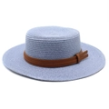 Flat top straw boater hat in light blue with brown faux leather band and bow decoration - Sky Blue