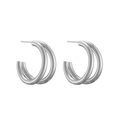 Detailed macro view of silver minimalist C-shaped double hoop earrings with a polished finish - Double Hoop C-Shape Style 06 / Silver