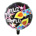 18-inch black round foil balloon with Spanish 'FELIZ CUMPLE!' text and stars - Round Spanish Star Candle