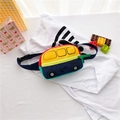 Detail view of the cartoon bus shaped kids chest bag showing colorful fabric and zipper - Red Zipper