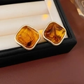 Makroaufnahme von Vintage Bernstein-Ohrringen mit Goldrahmen in schwarzer Box - Kaffee-Raute (Quadratisch)