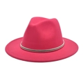 Close-up of rose red wool fedora hat with wide brim and gold metallic braided band - Rose Red