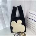 Black knitted handbag with a large cream floral pattern and integrated top handle - Black Four-leaf Clover