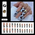 Unghie finte coffin lunghe con stampa mucca, bordi dorati e strass, set da 24 pezzi - Stile G010 Stampa Mucca con Linee Dorate e Strass con Colla Gelatina