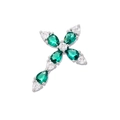 Macro detail of silver cross pendant featuring a pear-cut green gemstone and clear crystals - Platinum Color Green Zirconia
