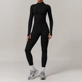 Women's seamless black yoga set with full-zip long sleeve top and high-waist leggings - S / Jacket + Pants / Premium Black
