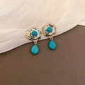 Detailed macro view of vintage flower earrings with turquoise drop stones and silver texture - 47# Steel Earring Post - Silver Flower Turquoise Water Drop