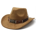Detail eines Cowboyhuts aus Wildlederimitat mit Bullenkopf-Abzeichen und Band - M (56-59cm) / Khaki