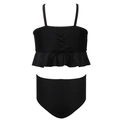 Two-piece black girls' swimsuit featuring ruffled hem and front bow knot detail - 104 / Black Cross Strap Without Ruffle Bottom