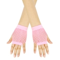 Close-up of pink fishnet fingerless gloves showing elastic mesh texture on crossed arms - One Size / Pink