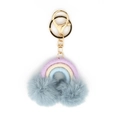 Portachiavi arcobaleno macramè con trama viola blu e pompon grigi su anello dorato - Blu grigio