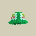 Close-up of handmade green crochet bucket hat with floral and cherry knitting patterns - M (56-58cm) / Cherry Dark Green