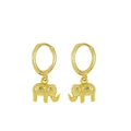 Eleganti orecchini a cerchio in metallo dorato con ciondoli a forma di elefante su bianco - Stile Oro (W80220-GG)