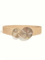 Detail of woven straw belt featuring two large golden textured round metal buckles - Camel