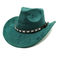 Detail of dark green suede cowboy hat with vintage buckle and stitched leather band - M (56-58cm) / Dark Green