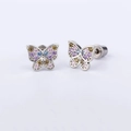 Detail of silver butterfly stud earrings featuring colorful crystal micro-pave stones - Single Green Pink Butterfly