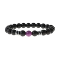 Men's 8mm matte black stone beaded bracelet with single purple accent and silver spacers - Purple