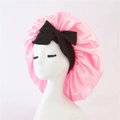 Pink satin hair bonnet with decorative black bow knot and elastic wide band for hair care - Small Single Layer Black Cross Ribbon / Pink