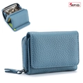 Compact trifold leather RFID wallet in dark blue litchi pattern for women - Denim Blue