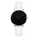 Minimalist quartz watch with a black dial, silver metal case and a white leather strap - Silver Case White Strap