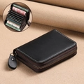Portacarte a fisarmonica in pelle nera con cuciture a contrasto e chiusura zip - Nero (11 Slot)